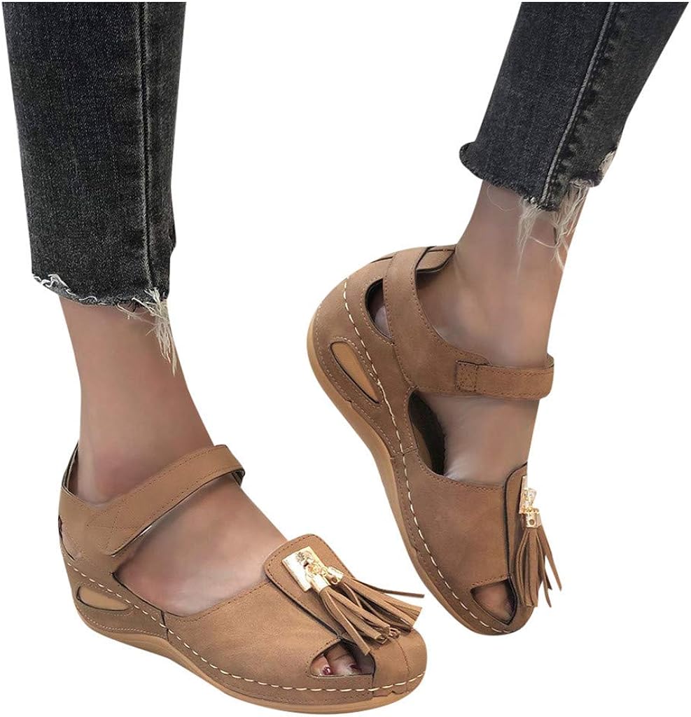 Sunhusing Wedge Heel Shoes Womens Casual Beach Flats Shoes Summer Round Toe Tassel Hollow PU Buckle Roman Sandals