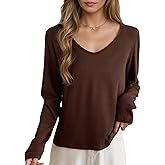 Movocaty Long Sleeve Shirts for Women, V Neck White T Shirts Women Basic Solid T Shirt