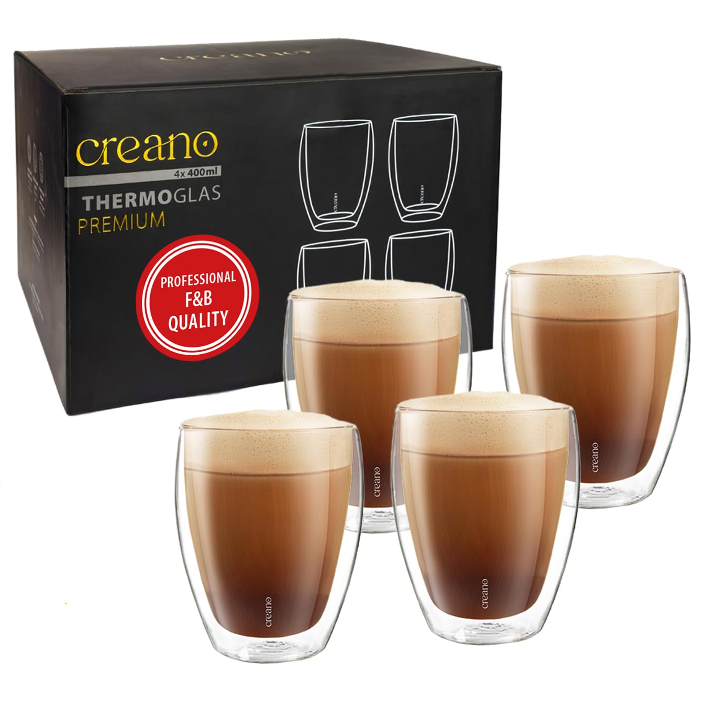 Creano Set of 4 Double-Walled Thermal Glasses 400ml – Premium Borosilicate Glass for Coffee, Tea & Cappuccino – Insulated Hot & Cold – Dishwasher Safe – Gastronomy Quality
