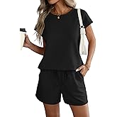 ATHMILE Womens Two Piece Sets Summer Crew Neck Cap Sleeve Tops Lounge Shorts Beach Vacation Rompers Outfits With Pockets