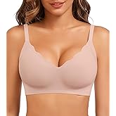 HEPOE Seamless Bras for Women, Wireless Scalloped V-Neck Push Up Full Coverage Bra, Comfort Everyday Tshirt Bralette