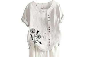 JEGULV Women Cotton Linen Tshirt Tops Casual Loose Fit Trendy Floral Printed Tunic Tees Short Sleeve Plus Size Button Blouses