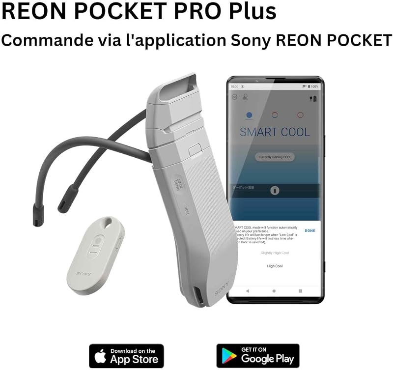 Sony REON POCKET PRO Plus, appareil portable de refroidissement et de chauffage, régulation intelligente de la température, flux d'air silencieux, autonomie jusqu'à 15 heures, mains libres,confortable