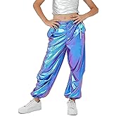 LOLANTA Girls Metallic Jogger Pants, Shiny Jazz Street Hip Hop Dance Pants 7-16, Convertible Leg Opening
