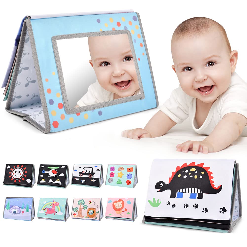 Aolso Infant Tummy Time Soft Books - Double Sided Activity Book with Safe Mirror, Newborn Sensory Play Toys 0 months+