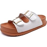 KuaiLu Womens Sandals with Arch Support Comfortable Orthopedic Cushion Recovery Slides Summer Fashion Leather Double Buckle Casual Slip On Plantar Fasciitis Shoes for Indoor&Outdoor (US Size 6-12)