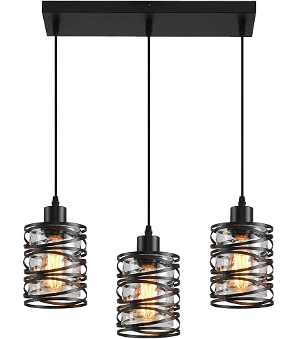 Black Pendant Light With Hand-Blown Seeded Glass & Spiral Cage – 6.3″ Dual-Shade Hanging Light For Kitchen Island, Dining Room, Or Foyer