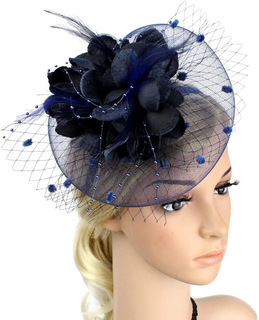 Women Ladies Flower Feather Fascinators Navy Pillbox Hat Bowler Party Hat Bridal Wedding Hair Accessories with Hair Clip Hair Loop Hairpin for Evening Prom Church Burlesque Race Ascot Hats - Image 3