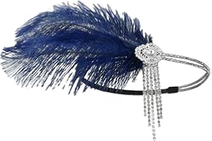 Vintage Hairband 1920S Feather Headband Cocktail Party Rhinestone Headdress Women Headpiece Navy Blue One Size