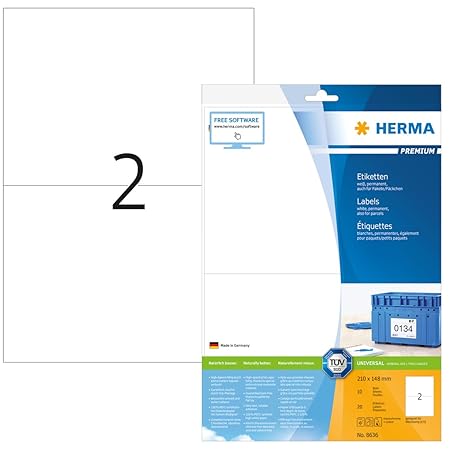 Herma 8636 Universal Etiketten (DIN A5 Format 210 x 148 mm) weiß, 20 Klebeetiketten, 10 Blatt Premium A4 Papier matt, bedruck