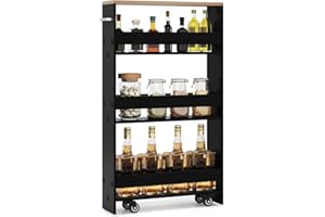 LOKO Slim Storage Cart, 4-Tier Rolling Cart with Handle & Wooden Top for Kitchen Bathroom Laundry Living Room Narrow Small Spaces, 5 Inches Width (Black & Natural)