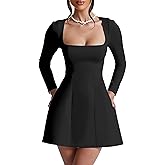 BORIFLORS Women's Square Neck Long Sleeve Mini Dresses Corset Basic A-line Party Short Dress, Small, Black