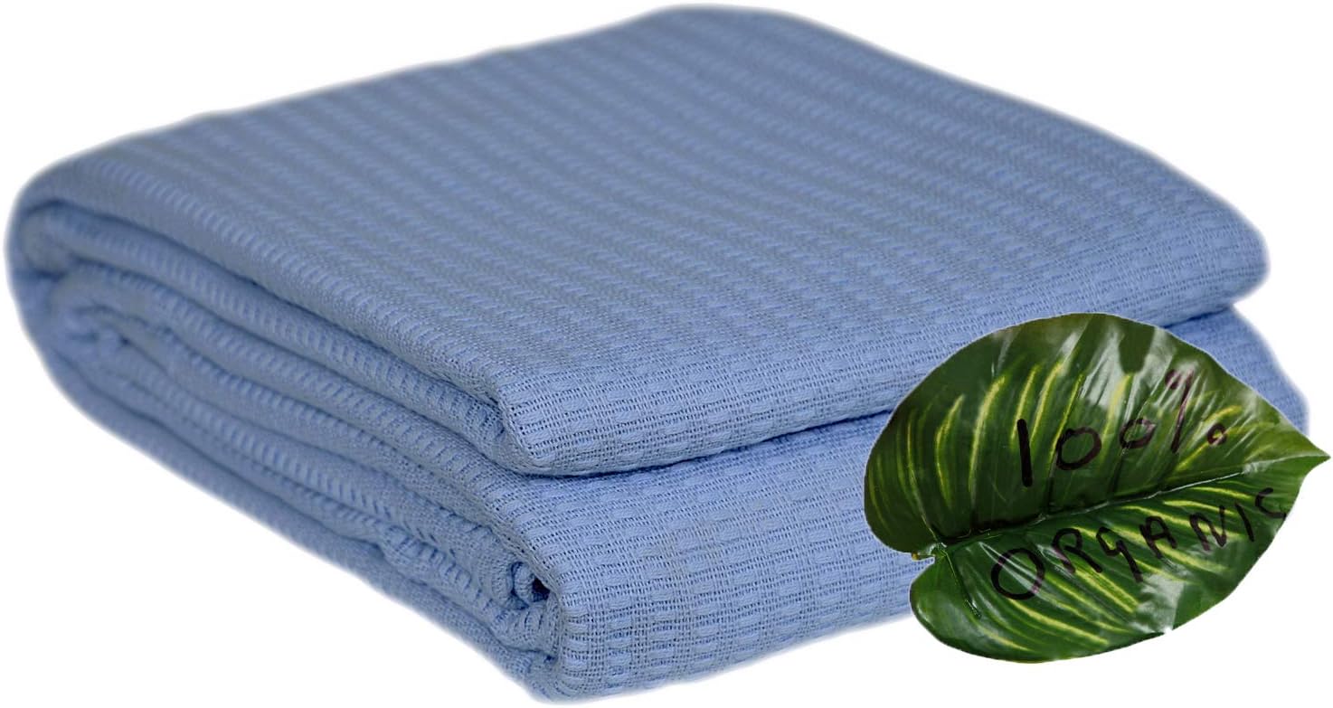 HILLFAIR 100% Certified Organic Cotton Blankets- King Size Bed Blankets- All Season Cotton Blanket- Organic Cotton Bed Blankets- Soft Cozy Multipurpose King Blankets- Blue King Size Blankets: Home & Kitchen