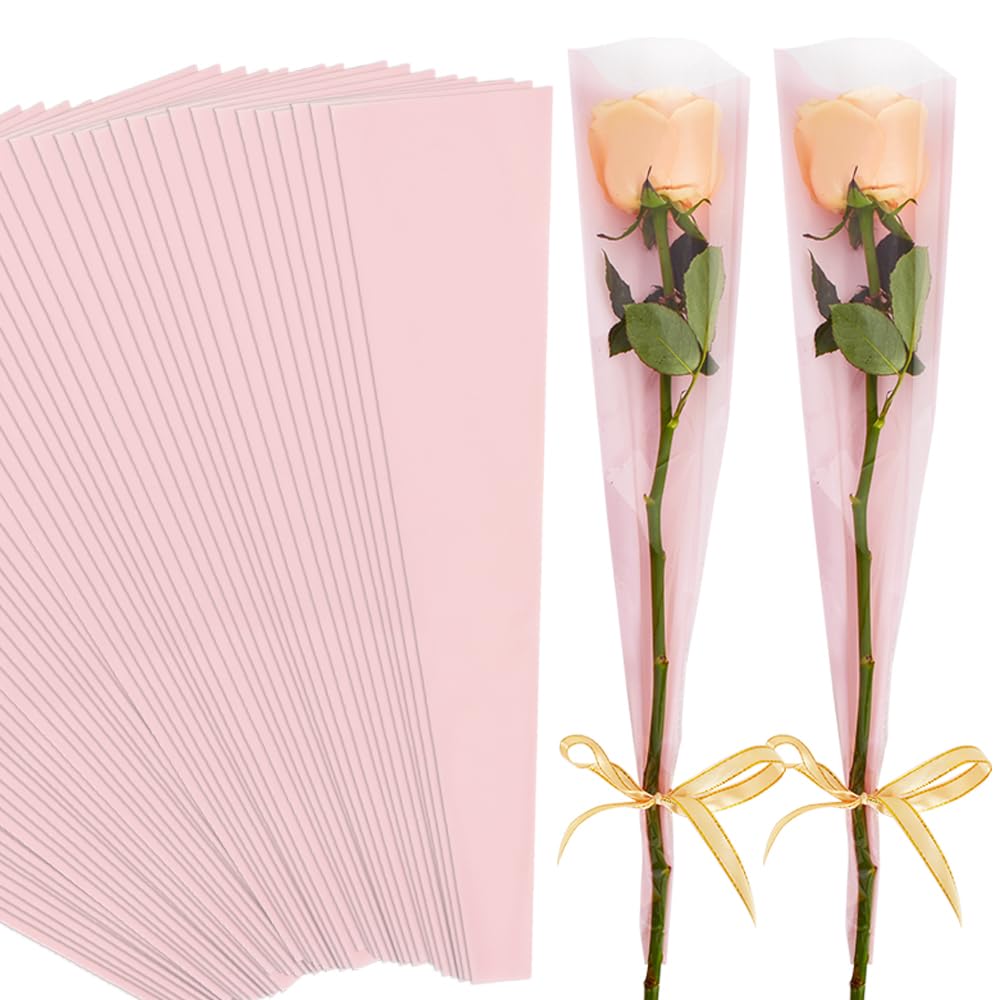 BEISHIDA 100 PCS Single Rose Sleeve Bouquet Bags Plastic Single Flower Wrapping Rose Packaging For Mother's Day Graduation Wedding Birthday Valentine's Day Party (Pink with Matte Back)