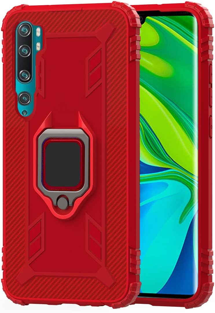 FINEONE Case for Xiaomi Mi Note 10 Pro, Premium Soft Rubber Shockproof Bumper with Upgrade Metal Ring Grip Kickstand & Works With Magnetic Car Mount Anti-Slip Cover (Red)