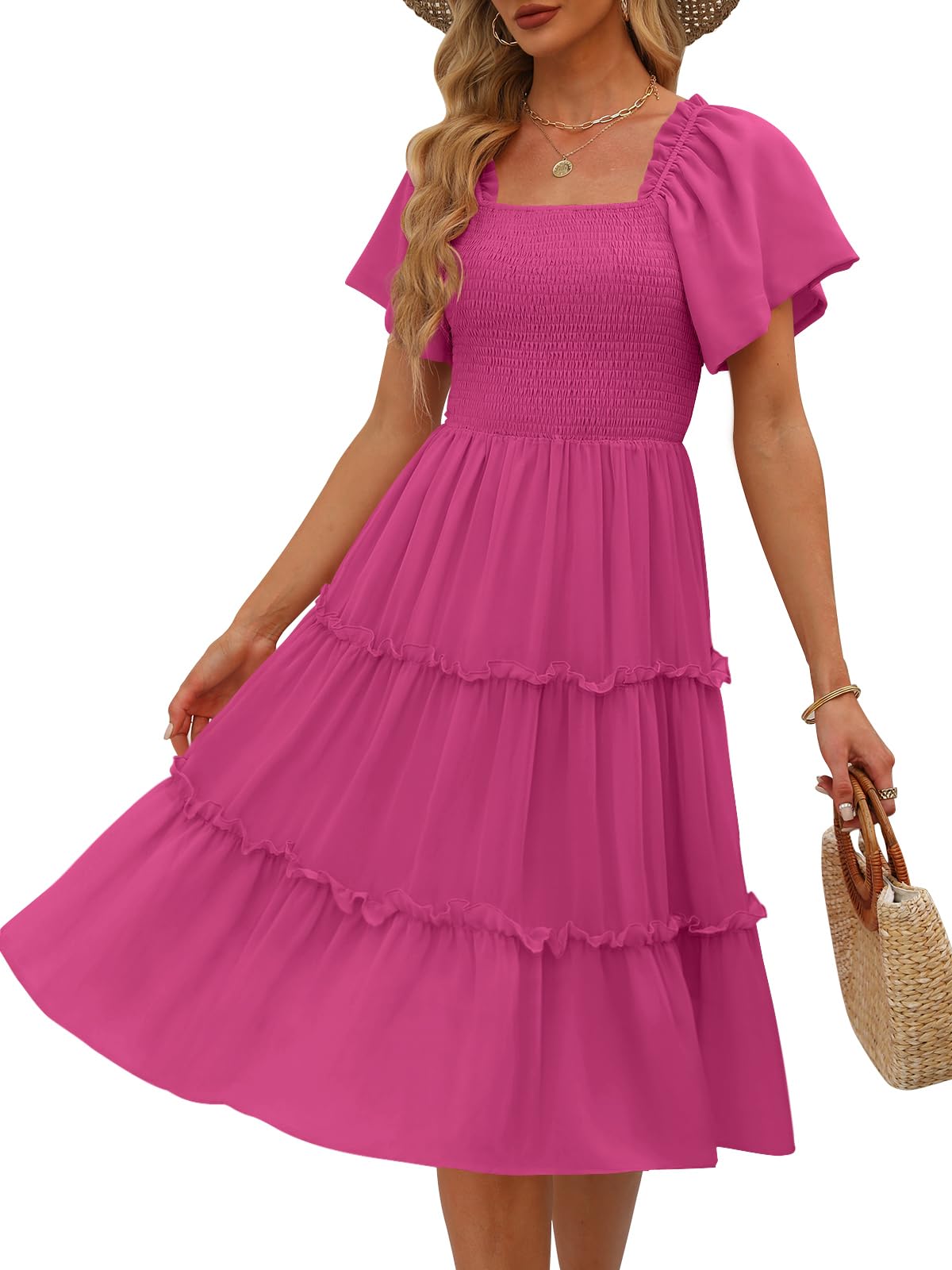 Photo 1 of LILLUSORY Women Dresses Spring Summer 2025 Midi Graduation Bridal Baby Shower Casual Flowy Boho Sun Sundress Trendy Brunch Cute Ladies Vacation Beach Smocked Teacher Clothes Outfits Hot Pink L