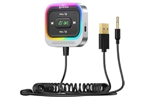Syncwire Bluetooth 5.4 Receiver 3.5mm Aux Car Adapter Bluetooth Receiver Car Kit with Coiled Cable [Large Mic Noise Cancellation] [Hands-Free Calling] [HiFi Deep Bass] [Colorful Light Switch]