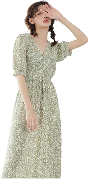 Amazon La Hazel 花柄 ワンピース レディース ロング丈 小花柄 ウェイスト調整 Vネック ラウンドネック ドレス 半袖 ファッション 上品 女子力 着痩せ ハイウェスト 可愛い 体型カバー 旅行 魅力 グリーン カシュアル 夏 秋 春 S Vネック ワンピース チュニック 通販