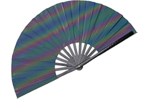 HAGSFIRE Reflective Black Rave Hand Fan, Large Folding Hand Rave Fan, Clack Blank Handheld Fan for Party,Bamboo Holding Hand Fan Large Folding Fan with Bright Color, Folding Fan for Festival, Gifts for Women