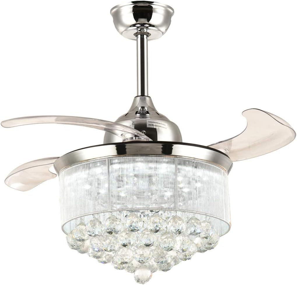 7PM 36” Crystal Ceiling Fans with Ligths Remote Control, Modern Chandelier Ceiling Fans, Color Temperature Adjustable 6 Wind Speeds Dimmable, Fandelier Retractable Ceiling Fan with APP Control, Chrome