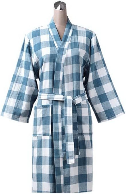 Amazon Co Jp 綿のバスローブ夏の暗号化吸収性カップル蒸し服ブルーチェッカー ホーム キッチン