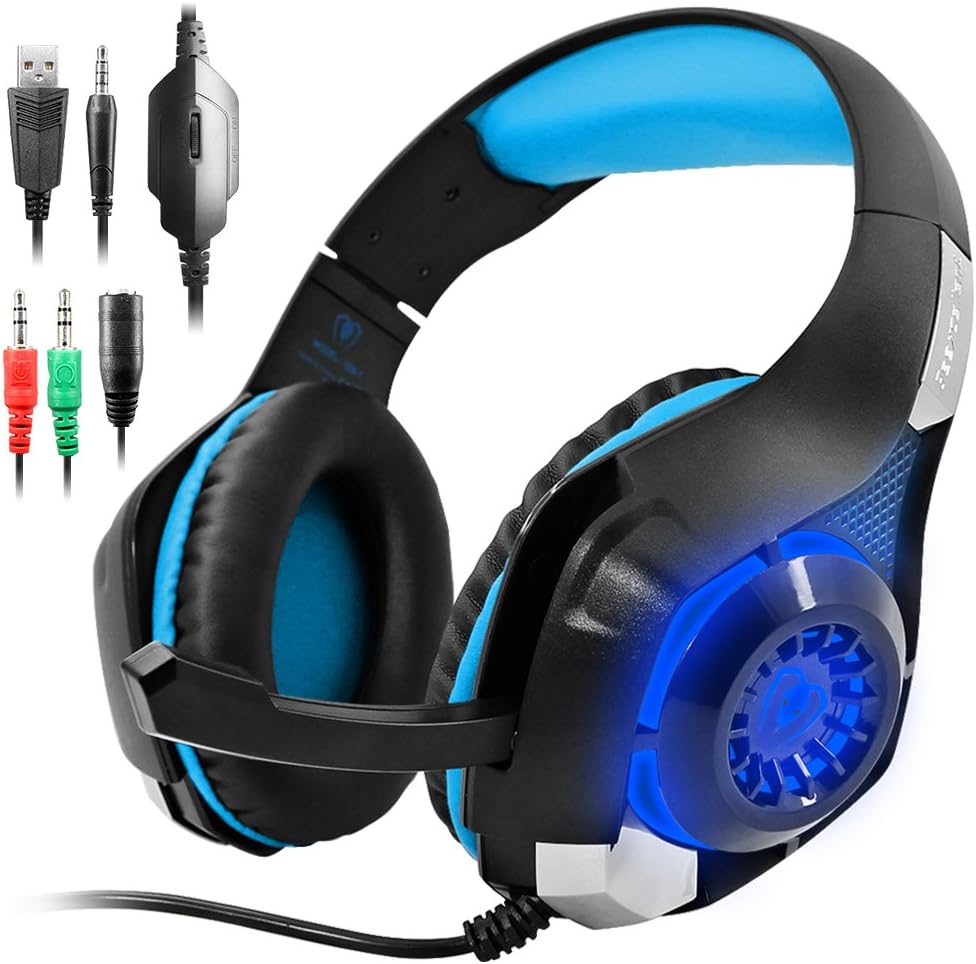 GM-1 Headphones Compatible PS4 Pro PC Tablet Cellphone,AFUNTA Stereo LED Backlit Gaming Headset with Mic-Blue