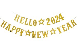 LEESKY Gold Glitter Hello 2024 Happy New Year Banner 2024 New Years Banner New Year Eve Banner 2024 for Happy New Year Party Decorations 2024, New Years Eve Party Supplies 2024
