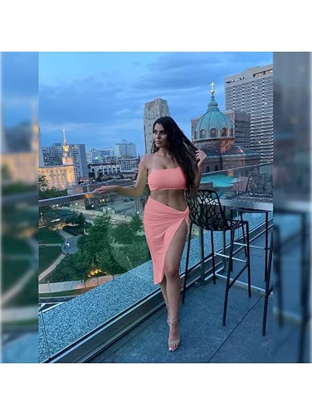BEAGIMEG WOMEN’S SEXY ONE SHOULDER LONG BODYCON SLIT SKIRT 2 PIECES DRESS PINK