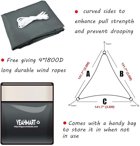 Toldo de Vela de Sombra Solar Gris 5x5x5M para 98% de Bloque UV para