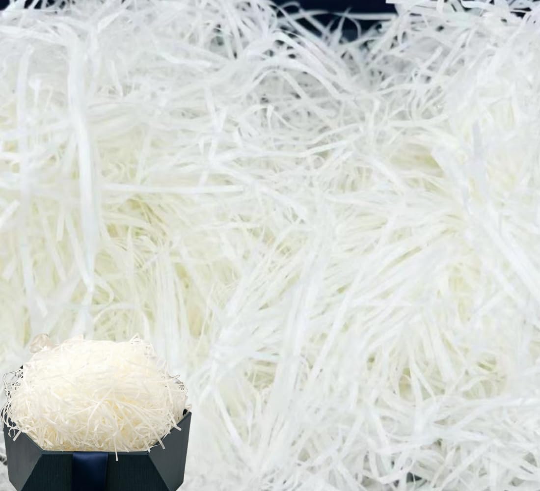 Shred Paper Filler (500g)，Crinkle Paper Shredded Paper Filling Gift Box，Crinkle Cut Paper for Valentine's Day Holiday Wrapping & Filling Gift Basket Gift Boxes (A-Straight White Silk)