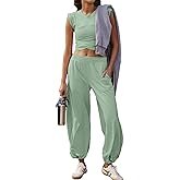 Glamaker Women's Two Piece Athletic Sets Casual Workout Sleeveless Cropped Tops High Sweatpants Joggers Tracksuits