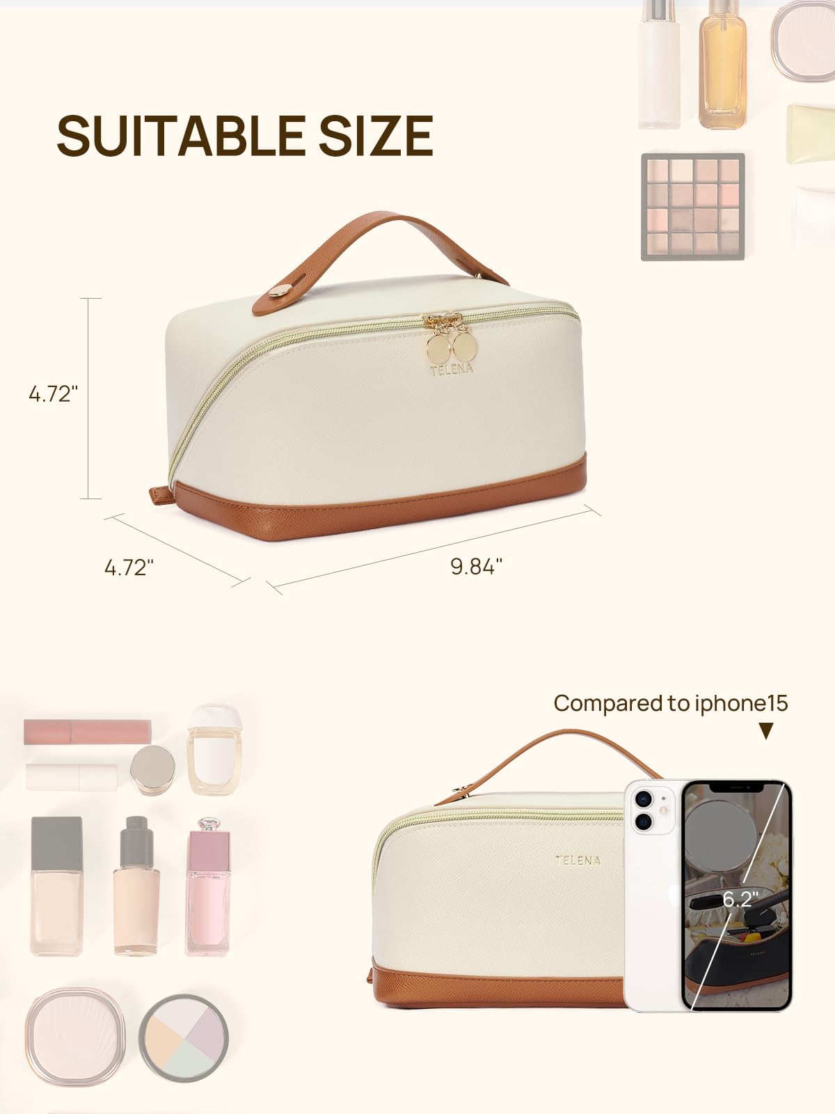 Telena Leather make up bag Large Capacity travel makeup bag cosmetic bag with Handle and Divider Open Flat