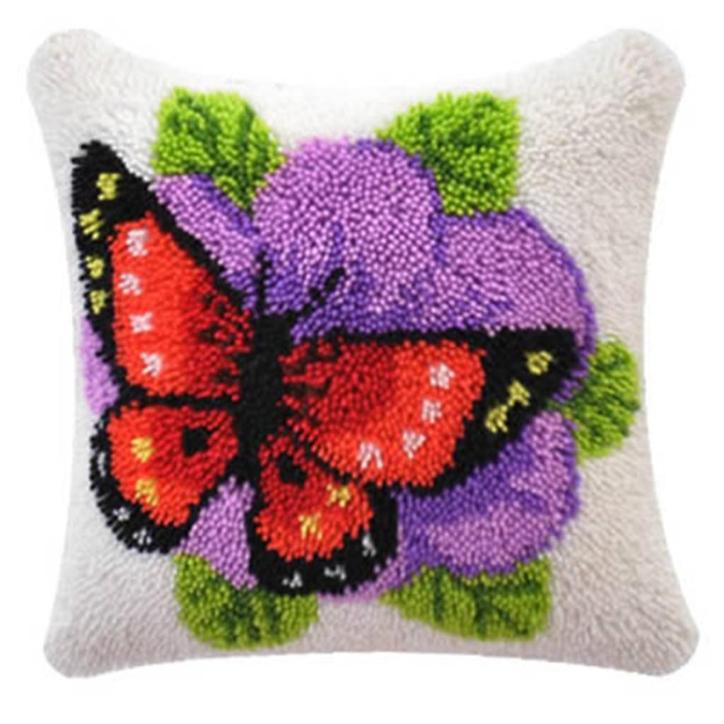 ZUHK Pre Printed Pattern Cross Stitch Sofa Cushion Cover,3D Pillow Materials Package Latch Hook Embroidery Kits with Latch Hook Tool fit for Kids and Adults,43x43 cm (Butterfly C)