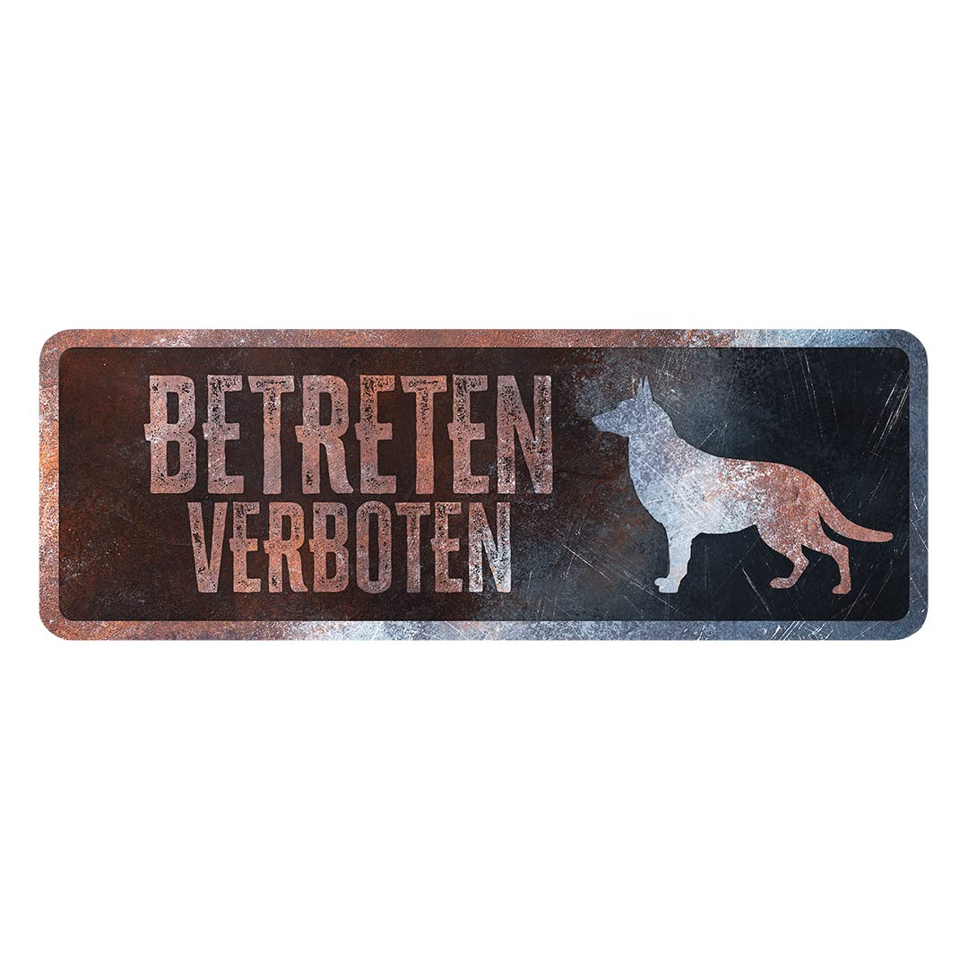 D&D Home, Warning Sign, Warning to the Dog, 40 x 13 x 0.2 cm, German Version, Black Background, Rust-Resistant Metal Warning Sign with Funny Text