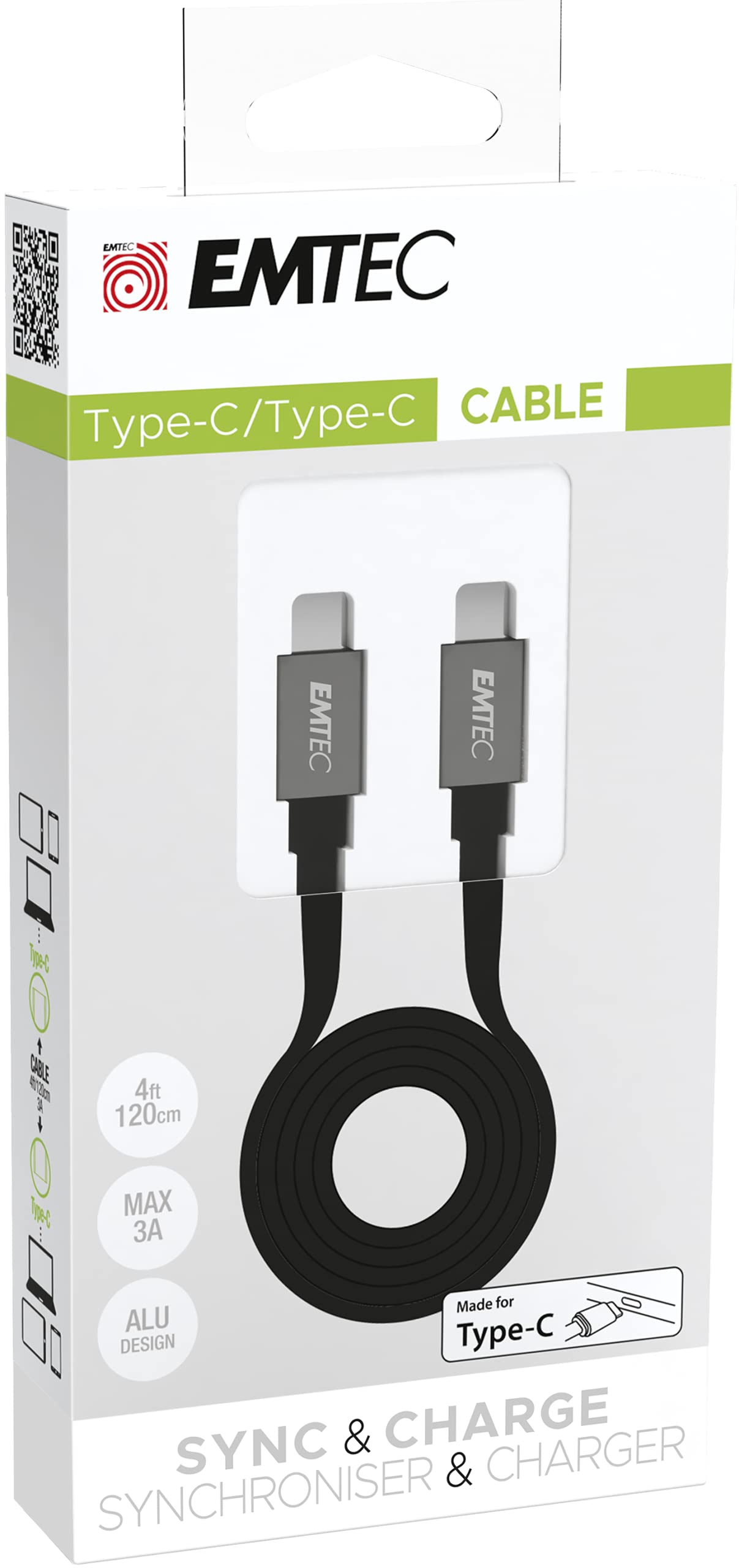 Emtec ECCHAT700TC2 - USB-A/Type-C Charger Cable - T700 Collection - for Smarthphone and Tablet - Flat Cable 120 cm - MFi Certified - Black