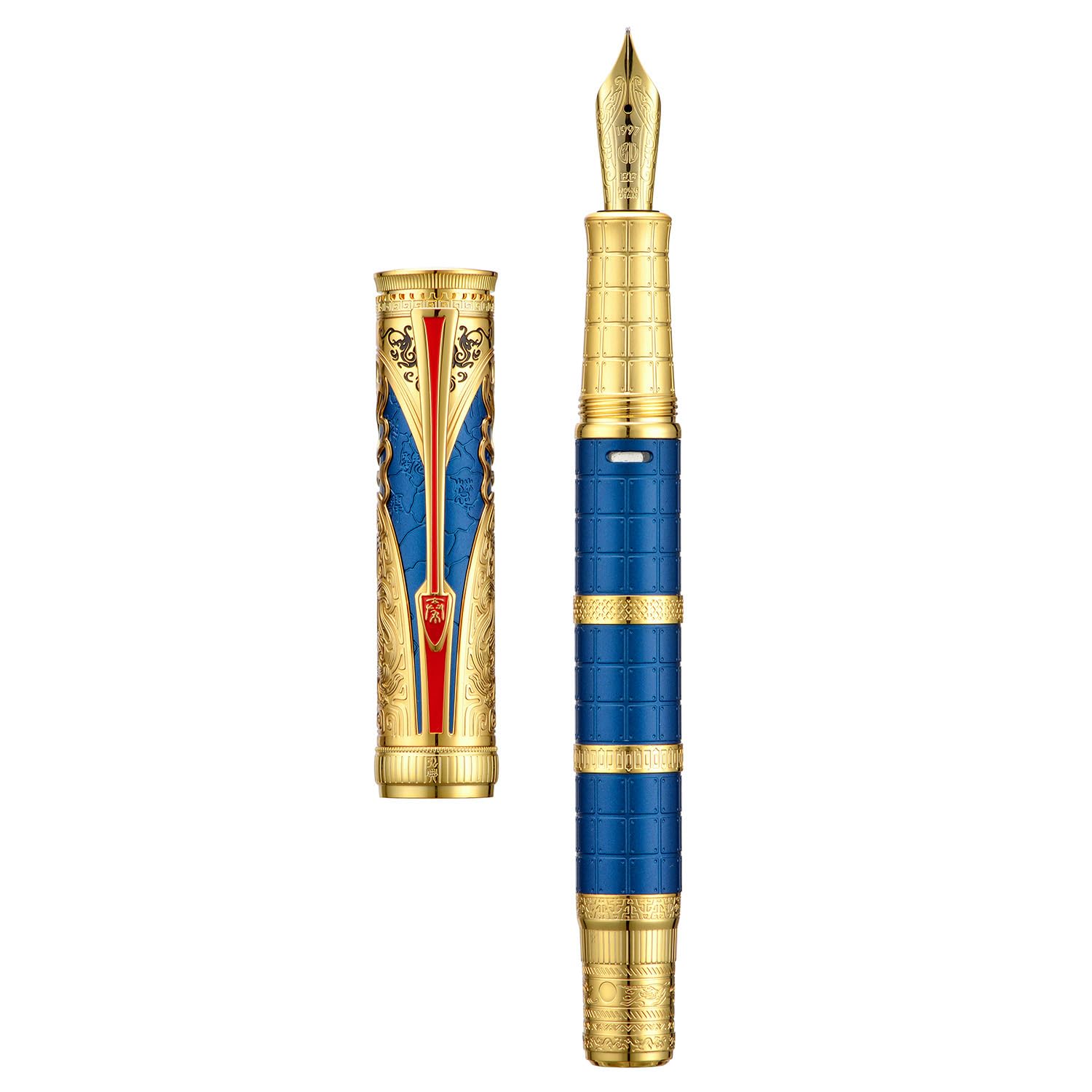 HONG DIAN D5 Qin Dynasty Fountain Pen Blue Gold, Fine Nib Piston Filling Pen, Retro Chinese Totem Engraving Smooth Writing Pen with Pen Box Set