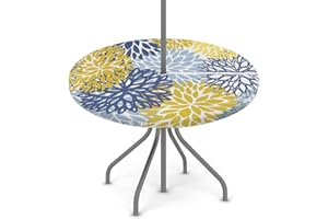 GzLeyigou Fitted Round Tablecloth with Umbrella Hole and Zipper Spring Floral Outdoor Elastic Table Cloth 45"-56" Oil-Proof Waterproof Yellow Navy Chrysanthemum Patio Table Cover for Picnic Party