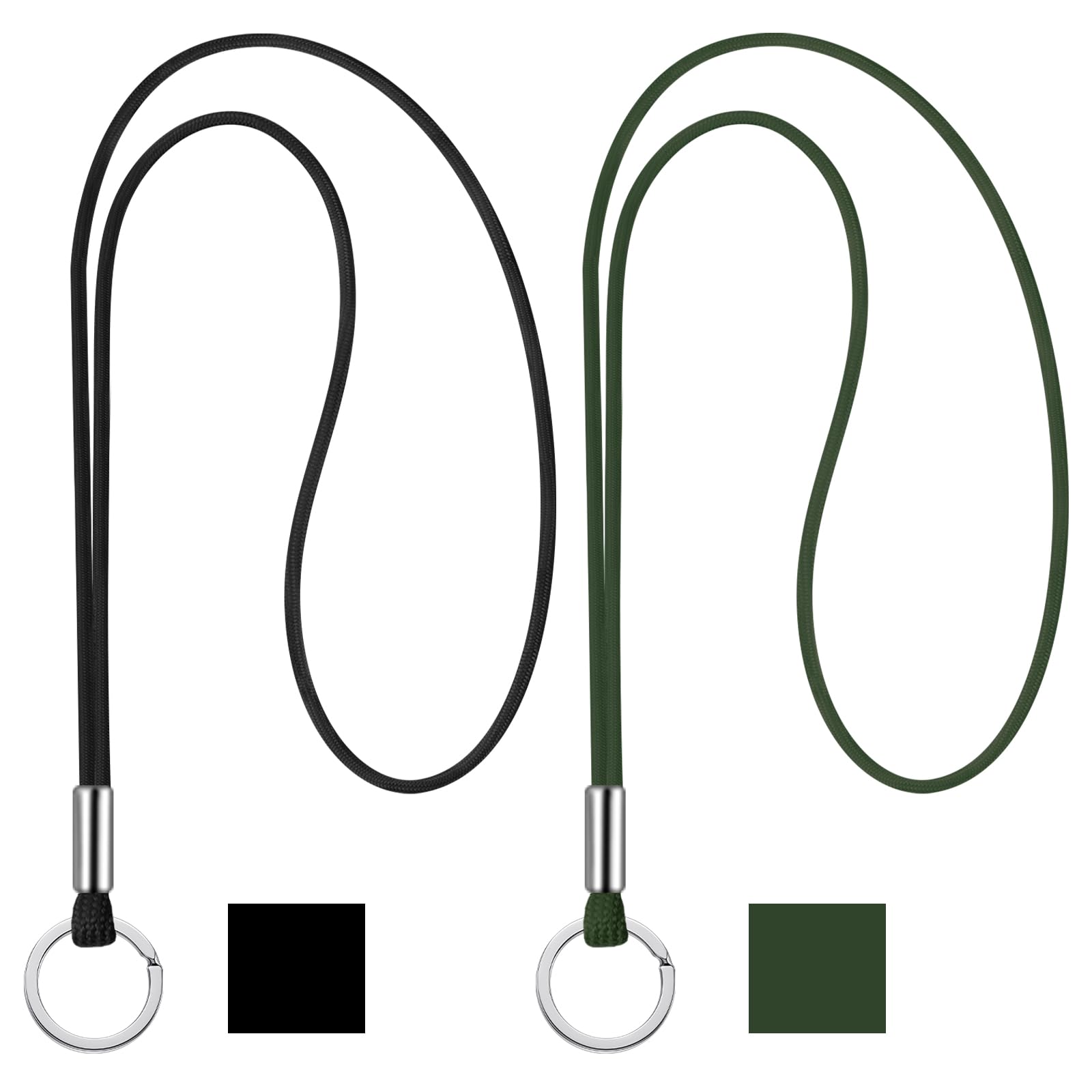 Nezyo Badge Neck Lanyard, 2 Pcs Nylon Round Cord Long Neck Straps Heavy Duty Lanyards with Clip for Keychain, Keys and ID Card Badge Holder, Office Supplies(Black,Army Green)