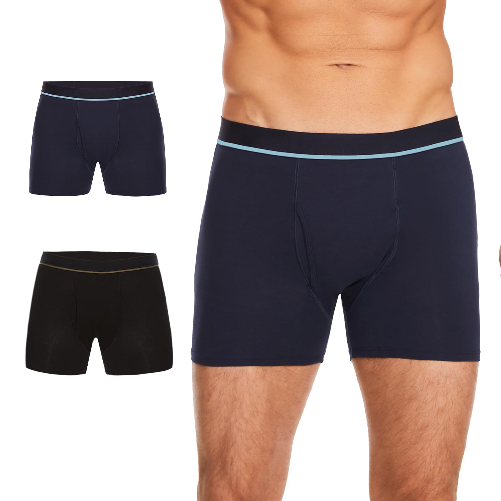 Photo 1 of ShieldEase Washable Incontinence Boxer Briefs for Men - Cotton Urinary Leakproof Underwear with Fly, Enhanced Front & Rear Protection 150 ml Absorbency (2 Pack, Black+Blue, L)