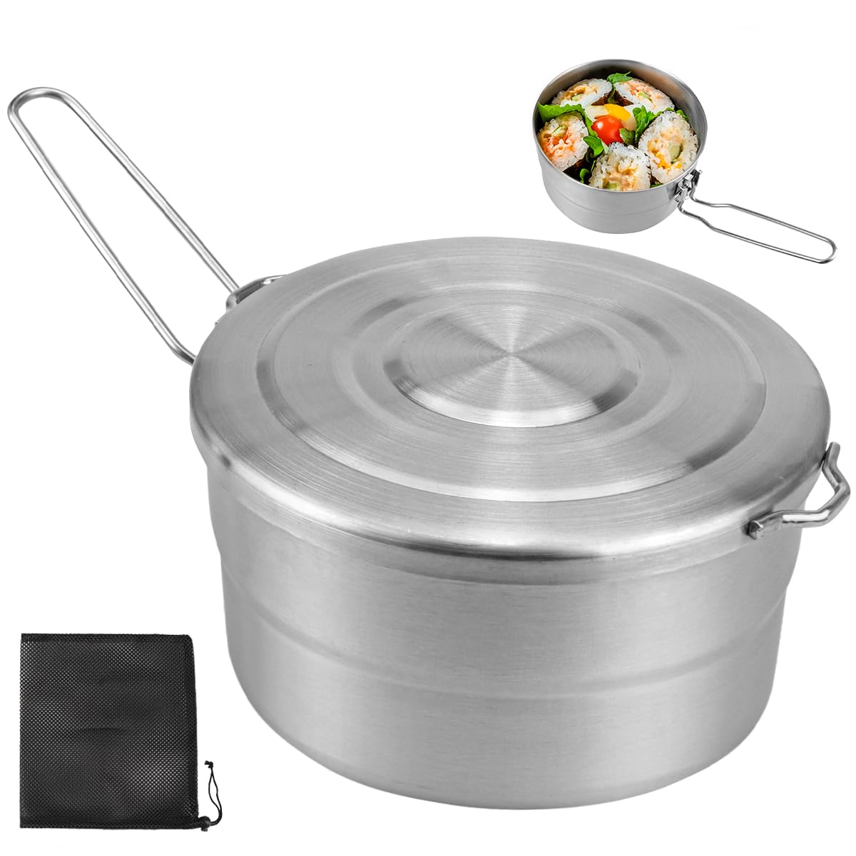 DOERDO Stainless Steel Camping Cook Pot with Lid and Folding Handle, 1.5L Camping Cookware Large Capacity Bento Pot for Outdoor Hiking Picnic