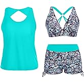 Yonique 3 Piece Tankini Swimsuits for Women Swim Tank Top Bathing Suits with Boy Shorts and Bra Athletic Swimwear