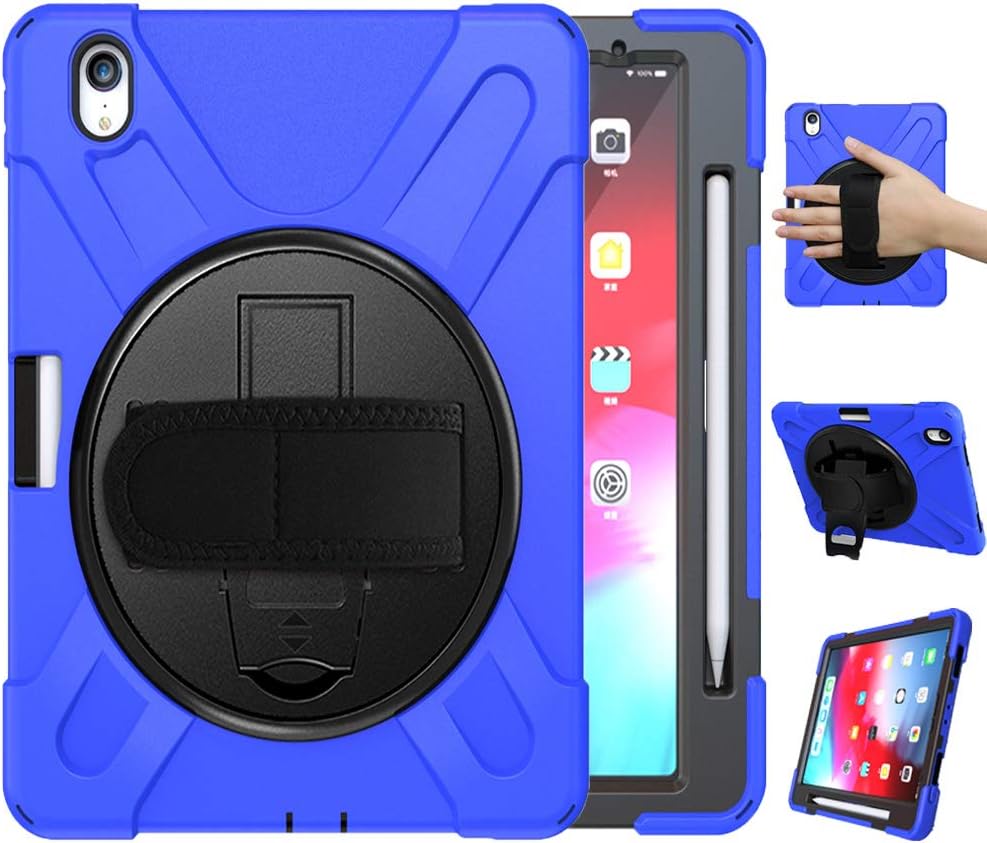 Azzsy iPad Pro 11 Case 2018 with Pencil Holder [Support Apple Pencil Charging], [360 Degree Swivel Stand/Hand Strap] Slim Heavy Duty Shockproof Rugged High Impact Full Body Protective Case (Blue)