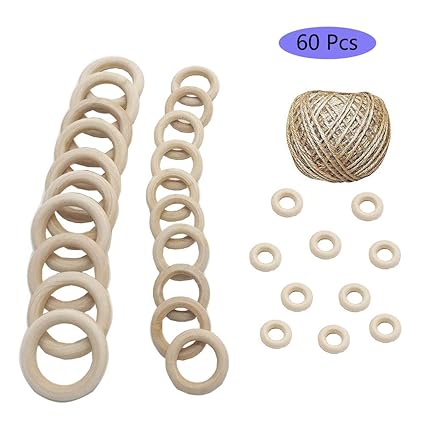 Spriessen Wooden Rings 60 Pack Natural Wooden Ring With Jute