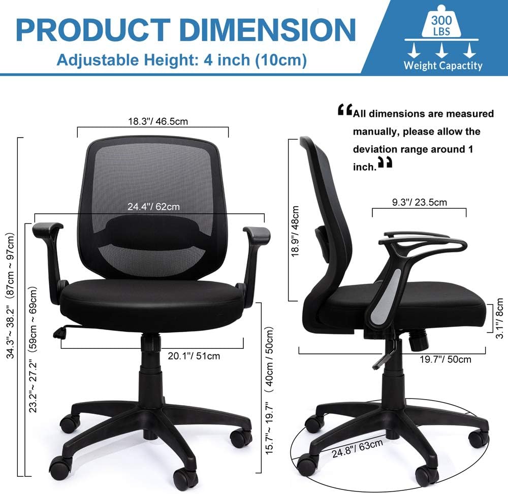 KOLLIEE Mid Back Mesh Office Chair Ergonomic Swivel Black Desk Office Chair Flip Up Armrests with Lumbar Support Adjustable Height Computer Task Chairs: Kitchen & Dining