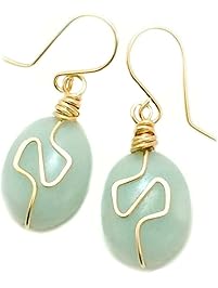 Light Blue-Green Amazonite Wire-Wrapped Gemstone Spiral Earrings with 14KT GF earwires 1.25-inch