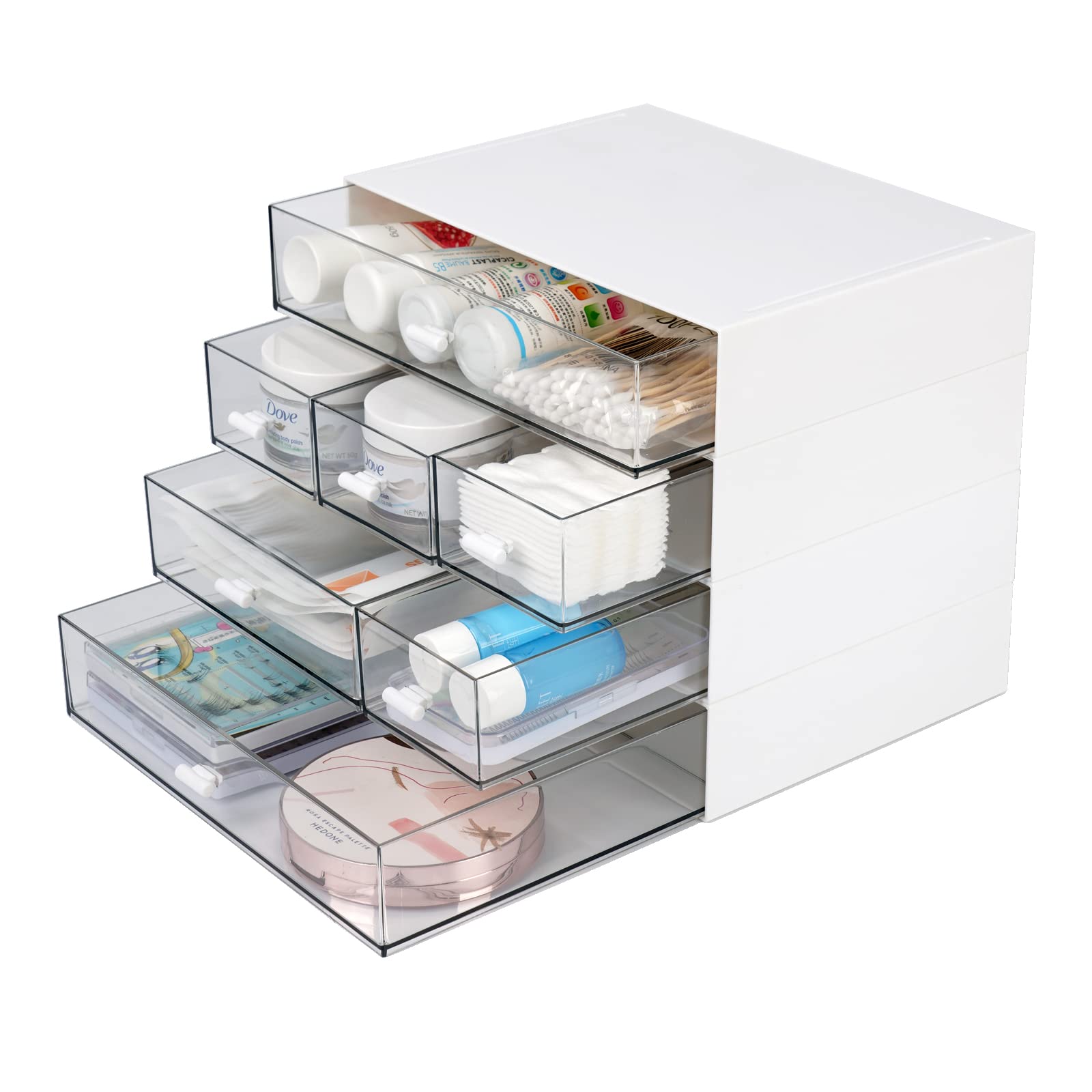 OSteed Desktop Organiser with 7 Drawers, Stackable Storage Box on Desk, Small Plastic Storage Unit with Drawers for Home Collection, Makeup, Office Supplies (4 Flat Layers, White)