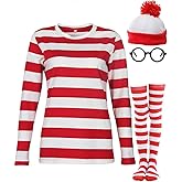 MDROCK Adult Red&White Stripes Shirt Costume T-shirt Knit Beanies Striped Socks Nerd Glasses,Halloween Costumes