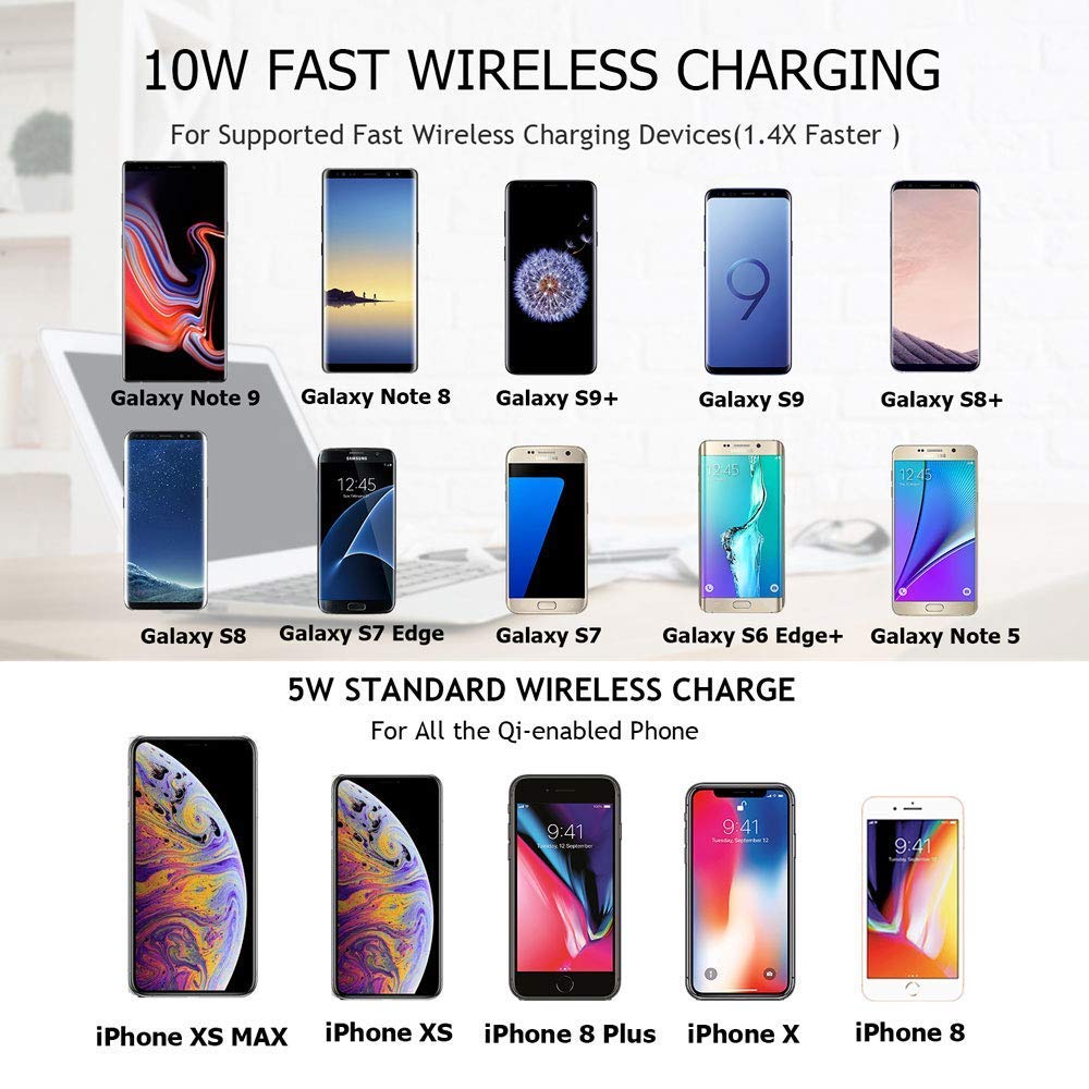 Qi Wireless Charger, Wireless Charging Pad Stand for iPhone X,iPhone 8/8S/8 Plus,10W Fast Charge for Samsung Galaxy S9/S9+/Note 8/S8+/S8/S7 Edge/S7/S6 Edge+/Note 5