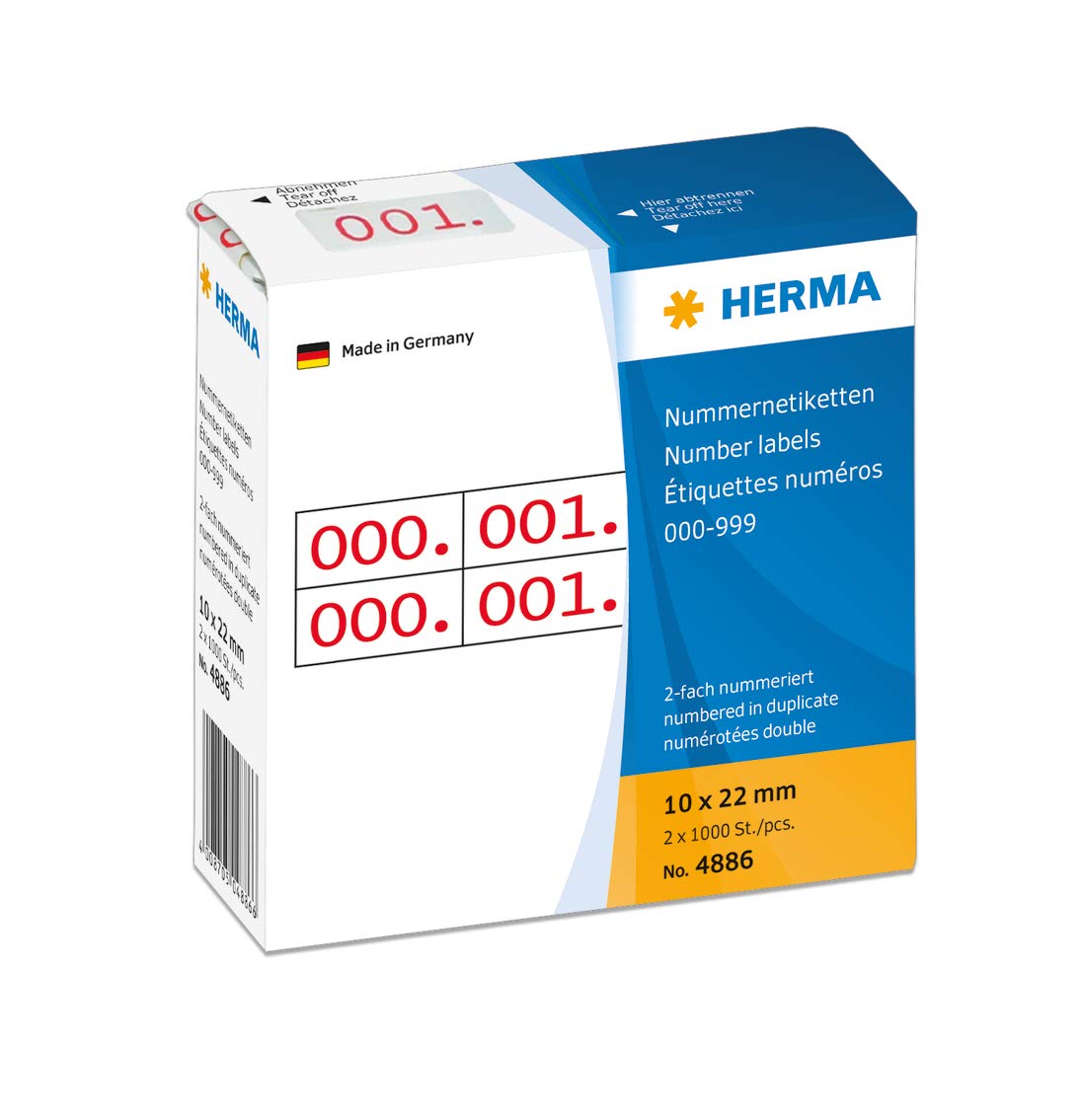 HERMA Number Labels 0-999, Double, 2000 Pieces, 22 x 10 mm, Self-Adhesive, Matte, Double Sequential Paper Number Labels, Asset Numbers in Dispenser Box, Red Printed