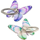2 Pcs Butterfly Cell Phone Ring Stand Holder, Cute Butterfly Design Finger 360&deg; Rotating Metal Hand Phone Stand Holder, with Adjustable Knob Loop (Purple, Green)